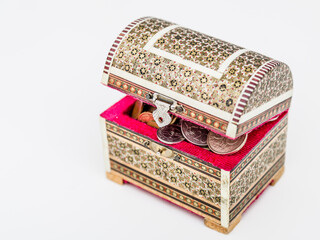 oriental wooden treasure chest  with coins