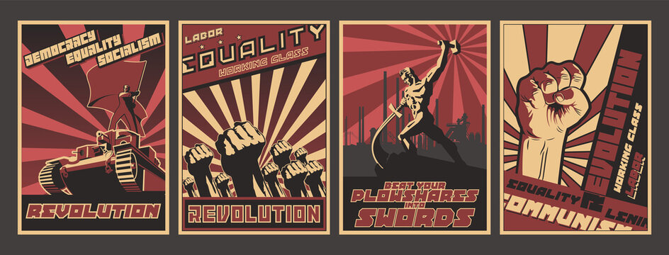 Retro Soviet Revolution Propaganda Style Posters, Socialism and Working Class Illustrations 