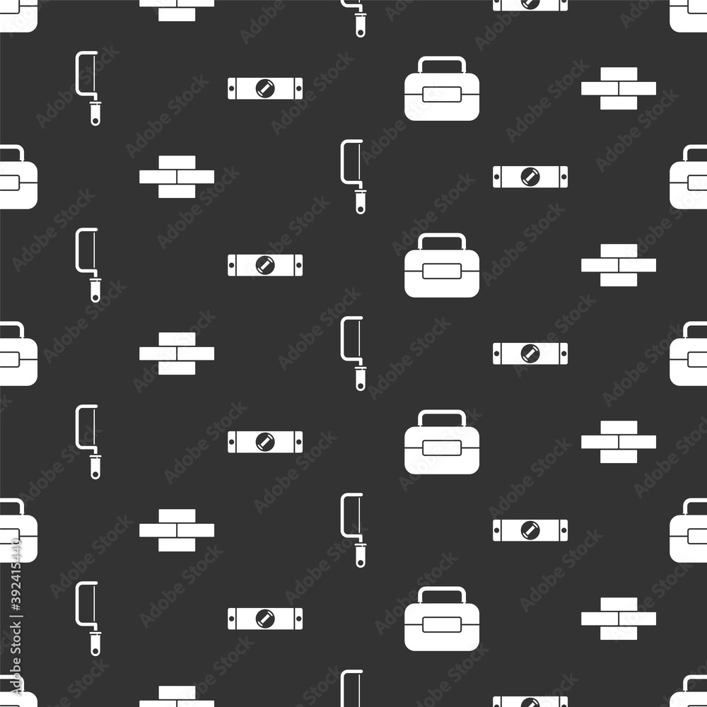 Poster set toolbox, bricks, hacksaw and construction bubble level on seamless pattern. vector.