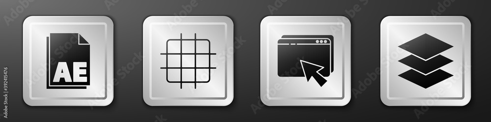 Poster set ae file document, grid graph paper, web design and development and layers icon. silver square bu