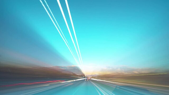 Evening sunny hyperlapse fast motion on highway