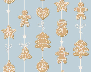 Winter seamless pattern. sweet cookies in the form of a man, Christmas tree, snowman, heart, stars hanging on a garland. Home decoration for the holiday. Symbols of the New Year. For packaging paper