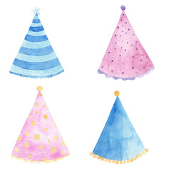 Party hats watercolor clipart. Printable hand painted decoration for party, birthday, baby shower, greeting cards.