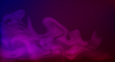Dark blurry background in purple and red clouds of smoke. Vector stock illustration. Realistic fluid purple fog. Copy space. Abstract background of 3d smoke with blue and violet shadows.