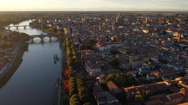 Drone view of Pavia, Italy, at sunset