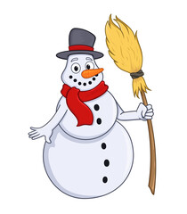 snowman with broom. vector illustration in cartoon style. isolated on white background
