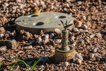 Mines. Anti-tank and anti-personnel mine. Minefield on wartime front lines.