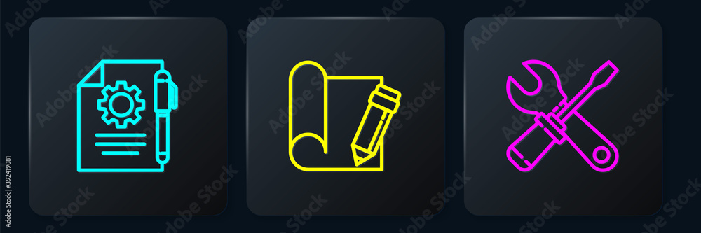 Poster set line document settings and pen, screwdriver wrench spanner and graphing paper pencil. black squa