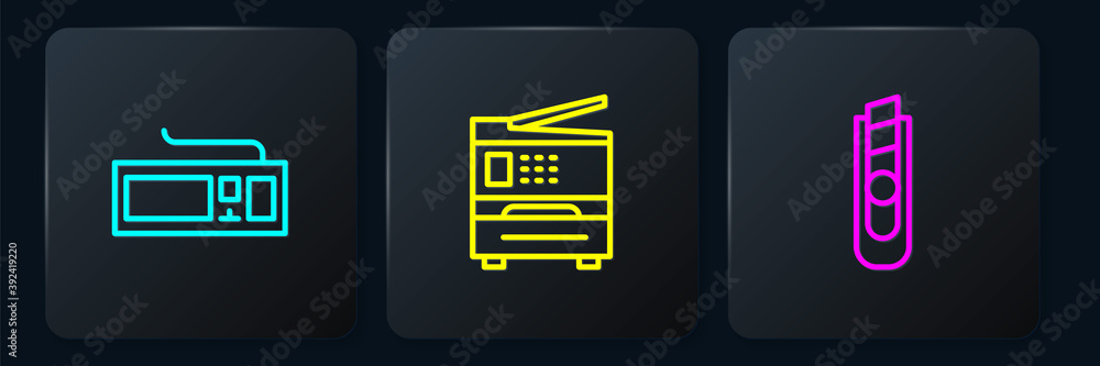 Poster set line keyboard, stationery knife and printer. black square button. vector.