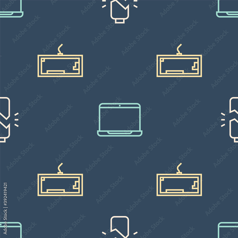 Poster set line broken battery, keyboard and laptop on seamless pattern. vector.