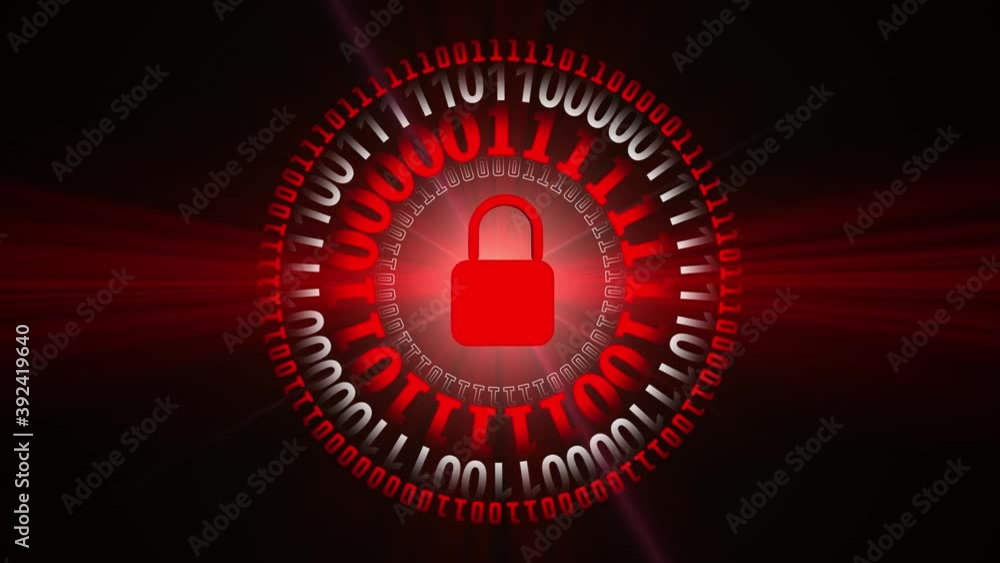 Poster Internet security concept - padlock in rotation as security symbol in center from rotating rings of binary code - graphic elements in red and white color on dark background