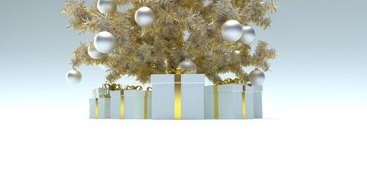 New Year's gifts are packed in white boxes and tied with golden ribbons. New year beautiful pine, with mirror balls. With copy space for text