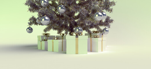 New year gifts under the christmas tree in retro stylized light. Xmas beautiful faux christmas tree, decorated with toys. With copy space for text
