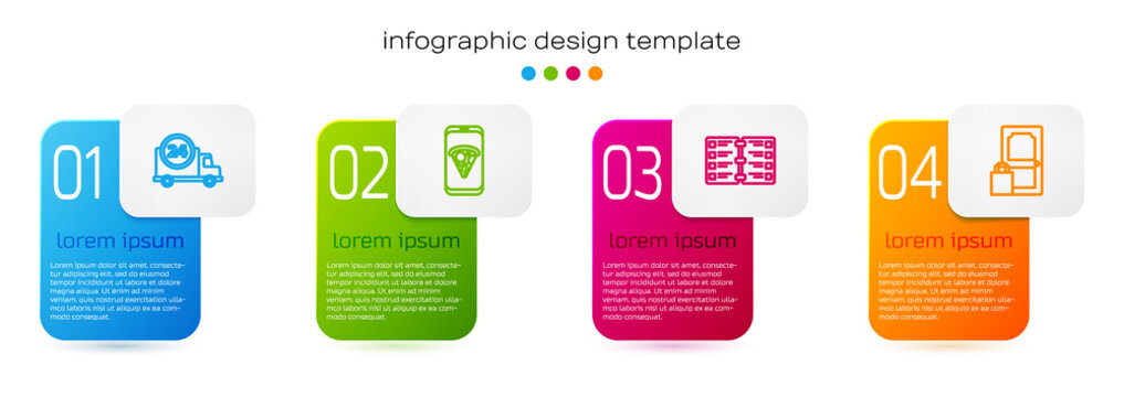 Set line Fast delivery by car, Food ordering pizza, Restaurant cafe menu and Online and. Business infographic template. Vector.