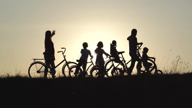 Silhouettes of a large large family waving their hands to the sun with bicycles and dogs at sunset.