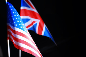 The concept of diplomatic relations. Flag of the Russian Federation and partner. Sanctions pressure in politics.