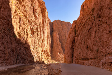 The Todgha gorge canyon near the town of Tinghir, Morocco. This series of limestone river canyons...