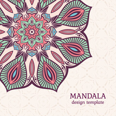 Invitation graphic card with mandala. Vintage decorative elements. Applicable for covers, posters, flyers, banners. Arabic, islam, indian, turkish, chinese, ottoman motifs. Color vector illustration.