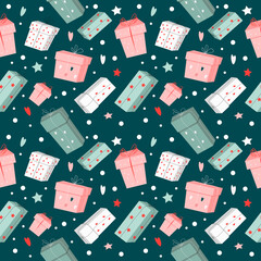 vector seamless festive pattern for new year or christmas with gift boxes on dark green background
