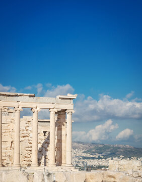 Temple of the Nika Apteros in the Athenian Acropolis against the blue sky