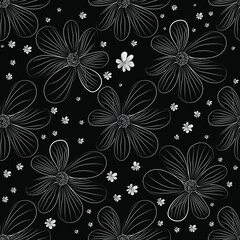 Floral background. Large black flowers, small white daisies on a black background. Summer vector endless illustration.