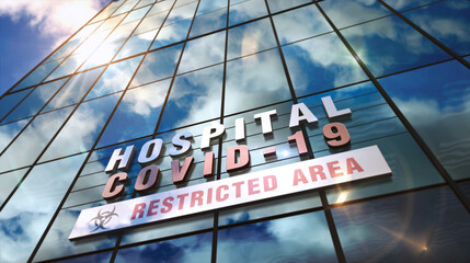 Covid-19 hospital glass skyscraper with mirrored sky 3d illustration