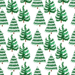 Watercolor Seamless pattern with Christmas tree and Snowman for winter holidays design, watercolor New Year illustration. Christmas paper for greeting card, scrapbooking, fabric.