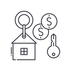 Buy new house icon, linear isolated illustration, thin line vector, web design sign, outline concept symbol with editable stroke on white background.