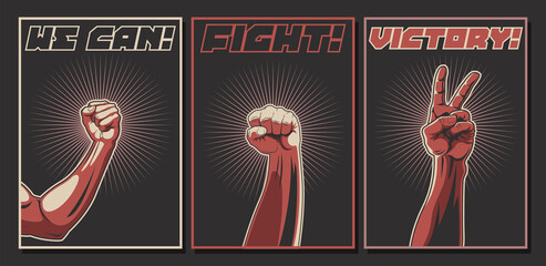We can! Fight! Victory! Propaganda Posters Style Illustration Set, Hand Gestures - obrazy, fototapety, plakaty