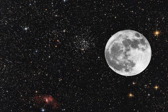 Composition of full moon and M52 cluster with also the bubble nebula. All two photo they are taken by telescope. At the background a lot of stars.