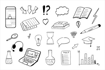Doodle outline education e-learning icons including laptop, phone, pencil, headphones, book isolated on white background