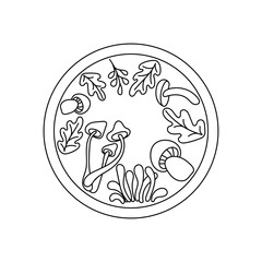 Autumn composition for children's coloring books, postcards. Mushrooms and leaves, Doodle illustrations . Black and white pattern