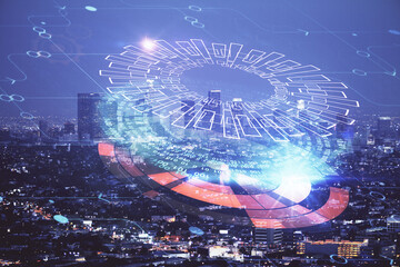 Data theme hologram drawing on city view with skyscrapers background double exposure. Ai concept.