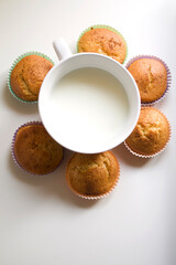 bowl of milk with cupcakes around