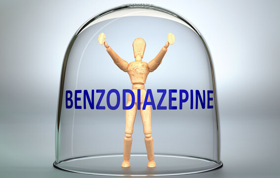 Benzodiazepine can separate a person from the world and lock in an isolation that limits - pictured as a human figure locked inside a glass with a phrase Benzodiazepine, 3d illustration