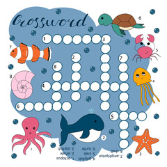 Crosswords puzzle game of underwater animals for preschool kids activity worksheet colorful printable version. Vector hand drawn illustration. Kids activity sheet