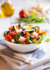 Greek salad with vegetables and feta cheese, healthy vegetable meal