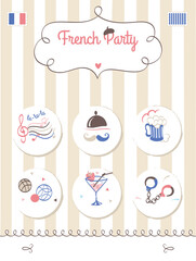 Greeting striped vertical banner with set of French symbol. Party invitation 