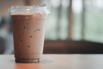 Iced coffee mocha with lid design for drink for reduce use of straw.