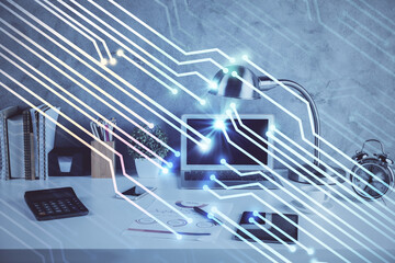 Multi exposure of table with computer on background and data theme drawing. Concept of innovation.