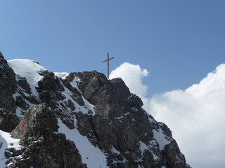 Summit cross Kreuzspitze mountain, Bavaria, Germany, wintertime