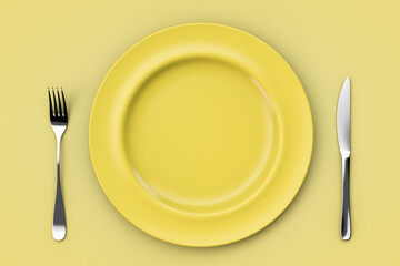 Food utensils set. Empty plate and knife with fork. Yellow style.