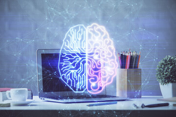 Double exposure of desktop computer and human brain drawing hologram. Ai concept.