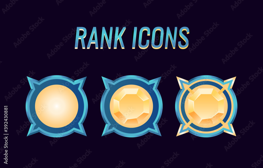 Poster set of fantasy game ui rank medals icon for gui asset elements vector illustration