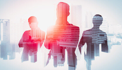 Abstract image of many business people together in group on background of city view with office...