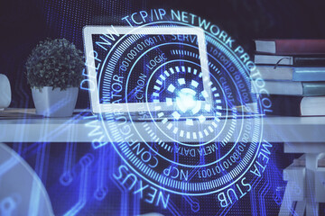 Fototapeta premium Double exposure of desktop with personal computer on background and tech theme drawing. Concept of Bigdata.