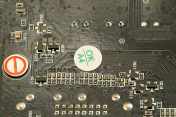 various chips on a textolite video card board for a modern desktop computer