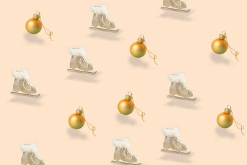 Golden Christmas baubles decoration and  skate ornament pattern on rose backgound, 3D illustration