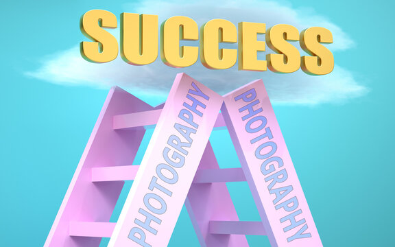 Photography ladder that leads to success high in the sky, to symbolize that Photography is a very important factor in reaching success in life and business., 3d illustration