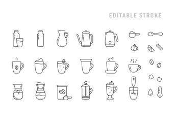 Coffee or tea icons set. Pictograms for preparation of hot homemade drink. Milk, cream, cup, teapot, kettle, glass, french press, whipper. Black linear editable stroke emblem. Contour isolated vector